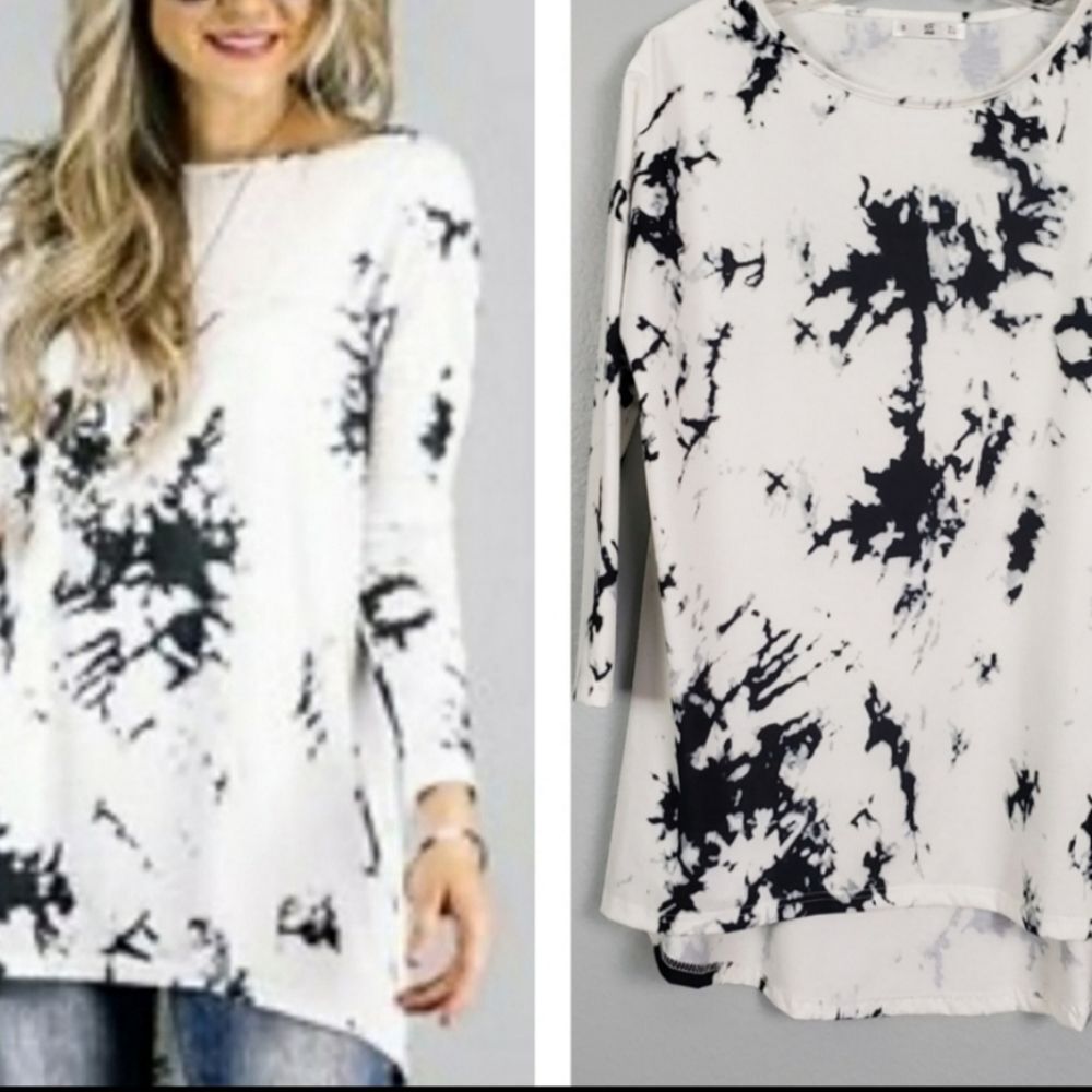 Women's Long Sleeve Tunic Top Oversized Black White Casual Stretch Size 6